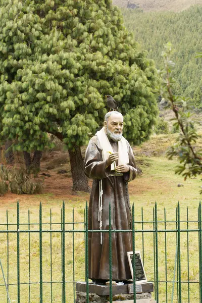 stock image Bronze statue of padre pio holding a rosary with a blackbird perched on his head