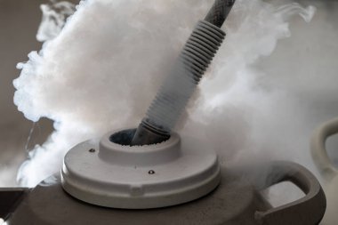 Laboratuvarda yapılan bilimsel deney sırasında sıvı nitrojen salınımı için bir kap.