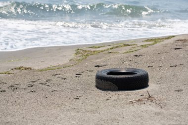 Eski lastik kumlu bir sahilde, doğal çevreyi kirletiyor.