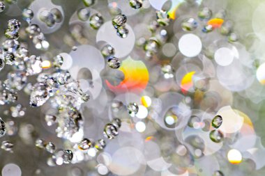 Parlayan su damlalarına yakın çekim, bulanık ışıklarla büyüleyici bir bokeh etkisi yaratır.