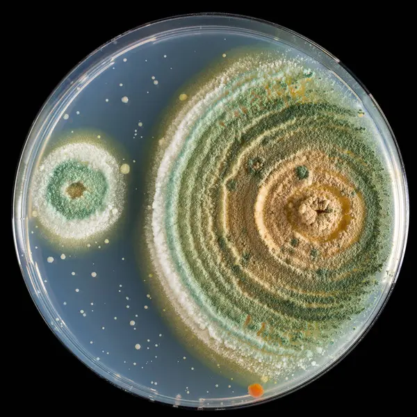 Farklı renkli aspergillus kolonileri. Nijer ve aspergillus aroması. Agar tabaklarda yetişiyor, yakın plan.