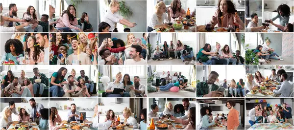 Çeşitli arkadaş gruplarının kolajı bir partide eğlenmek, oyunlar oynamak, akıllı telefonlar kullanmak, birlikte yemek ve içmek.