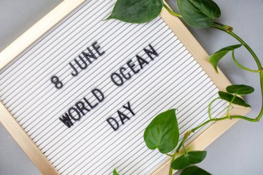 world ocean day 8 June on letterboard with grey background