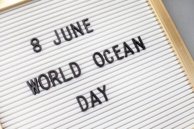 world ocean day 8 June on letterboard with grey background
