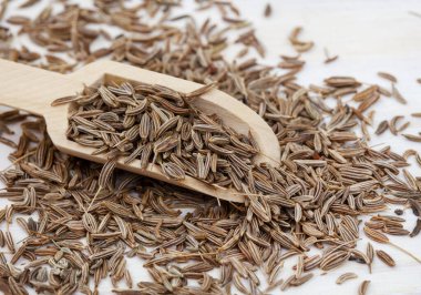 Caraway or Cumin seeds close up with selective focus in wooden scoop clipart