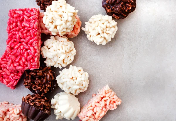 stock image Puffed rice treats, delicious chocolate and marshmallow crispy rice treats