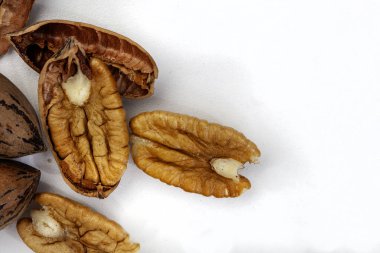 Tam ve kabuklu cevizler beyaza izole edilmiş, kopyalama alanı var.