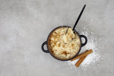 Güney Afrika tapyokası ya da sago tatlısıyla dolu küçük bir tencere manzarası. Açık gri yüzeyde bir sürü kopyalama alanı