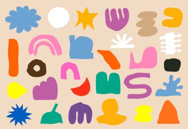 Moda riso grafik deseni tarzında büyük renkli geometrik şekiller. Tasarım ve kart, kapak, paket, ambalaj kağıdı için vektör Modern arkaplan.