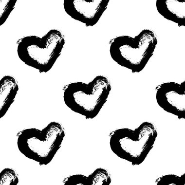 Soyut fırça, kusursuz kalp deseni. Mürekkep çizimi. Siyah ve beyaz.