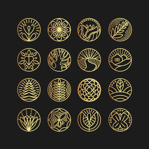 高級ロゴ セット厳選コレクション 黒背景にロゴのデザイン テンプレートと黄金色のトレンディな直線的なスタイルのエンブレムのベクトルを設定 ストックイラスト