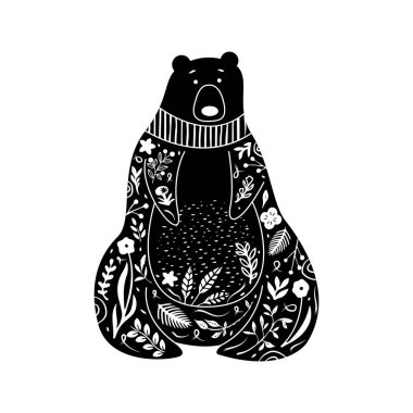 Beyaz çiçek elementleriyle siyah ve beyaz renkli ayı resmi. Sevimli çizgi film karakteri. İzole vektör çizimi. Şirin Orman Hayvanları Çizimi.