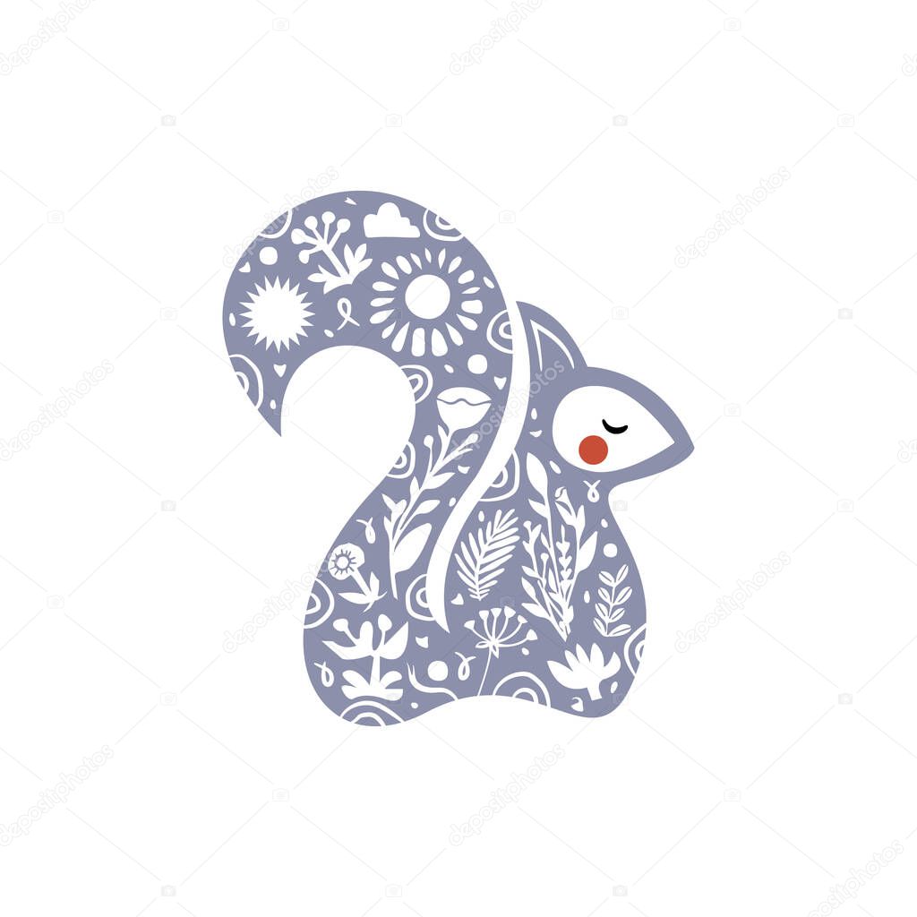Squirrel hand drawn in linocut or woodcut style, silhouette vector illustration, isolated on white background. Linocut style vector illustration, isolated on white background