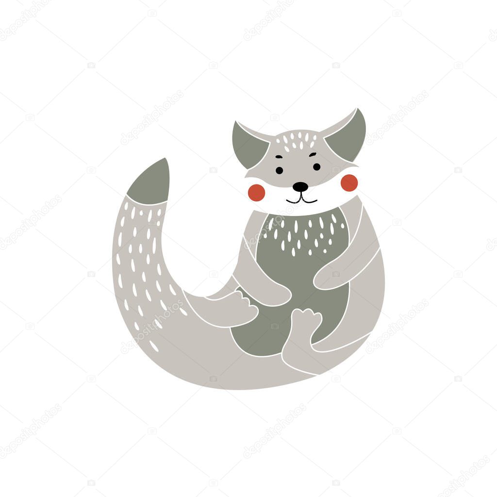 Cute cartoon raccoon. Forest animal vector. Modern boho decorative linocut.