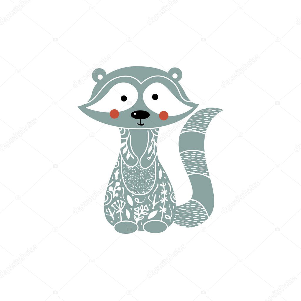 Cute cartoon raccoon. Forest animal vector. Modern boho decorative linocut.
