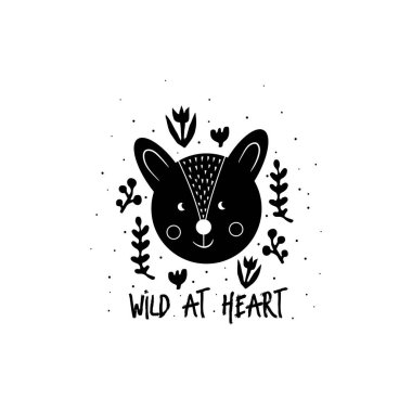 Wild at Heart kartı. Geyik silueti. Basit bir Scandi tarzında rengeyiği çizmek. Çocuk odası İskandinav sanatı. Siyah ve beyaz vektör çizimi. Modern boho dekoratif linocut.