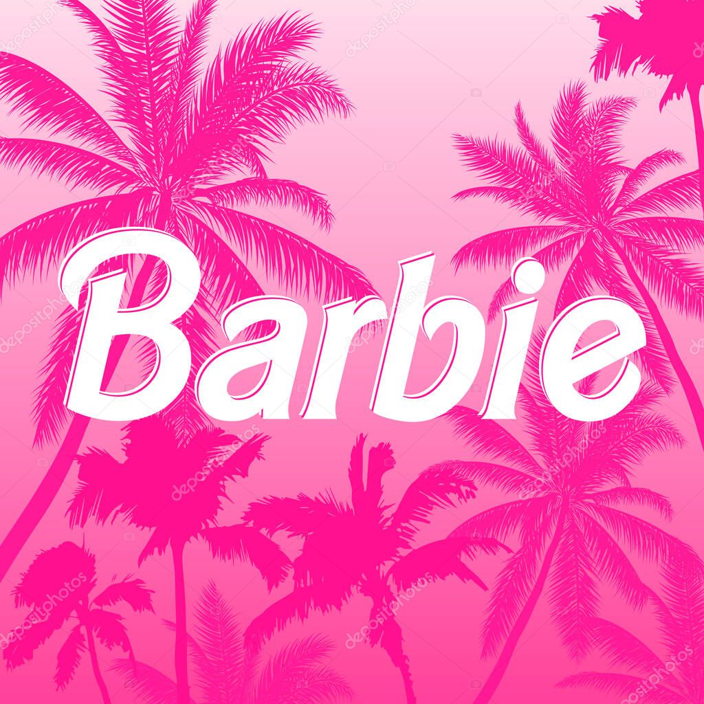 Barbie logo on a pink background with palms,vector illustration