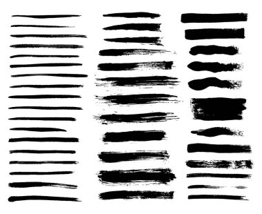 Grunge mürekkebi fırça darbeleri elementleri. Siyah boya fırçası, fırça, çizgi, grunge. Müstehcen afişler, kutular, çerçeveler ve tasarım elementleri. Siyah grunge fırça darbesi mürekkep şablonu koleksiyonu.