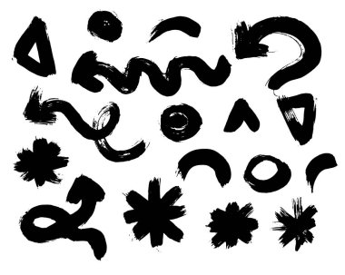 Grunge ok vektörü. Fırça boyası siyaha. Mürekkep fırçası okları okşar. Farklı grunge fırça okları, işaretler. Vektör tasarımı grunge elementleri. Vektör soyut oklar. Soyut fırça çizimi