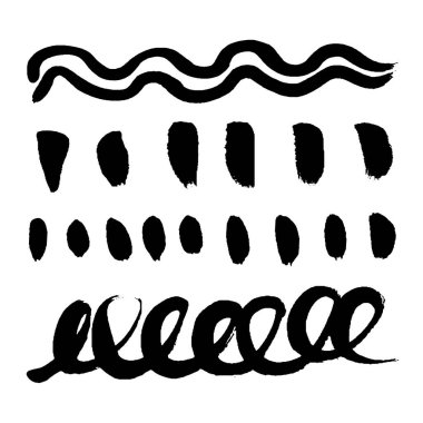 Siyah fırça darbeleri beyaz arkaplanda izole edilmiş. Kuru Fırça Darbeleri ve Tırmalamalar Retro Grunge Arka planı. Fırça darbesi dokusu. Siyah mürekkep, boya sıçraması.