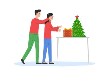 Mutlu Noeller ve mutlu yıllar. Mutlu Aile Noel ağacının yanında duruyor. Erkek, sürpriz yapmak için kadınların gözlerini hediyesinin önünde kapatır. Çizgisel Düz Vektör illüstrasyonu.
