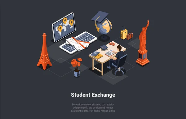 Программа Обмена Студентами Работы Путешествий Exchange Student Choosing Country Studying — стоковый вектор