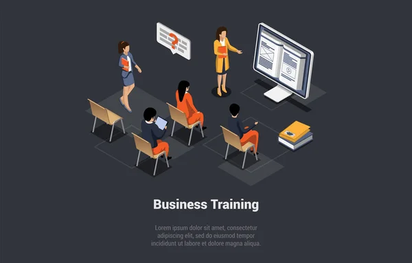 Concept Van Business Training Online Cursussen Vrouw Coach Spreekt Voor — Stockvector