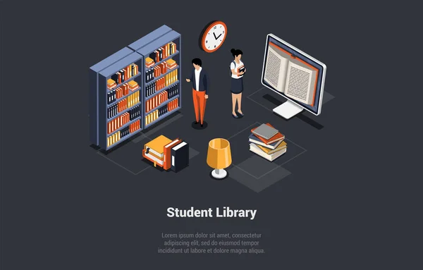 Eğitim Çevrimiçi Kütüphane Çevrimiçi Kütüphane Deki Erkek Bayan Öğrenciler Kitap — Stok Vektör
