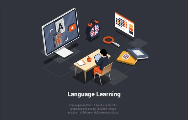Sprachentfernung Lernen App Für Mehrsprachige Übersetzer Männliche Charaktere Lernen Fremdsprache — Stockvektor