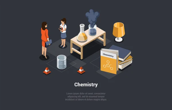 Kimya Çalışması Konsepti Konu Eğitim Çevrimiçi Bilim Dersleri Kadın Karakterler — Stok Vektör