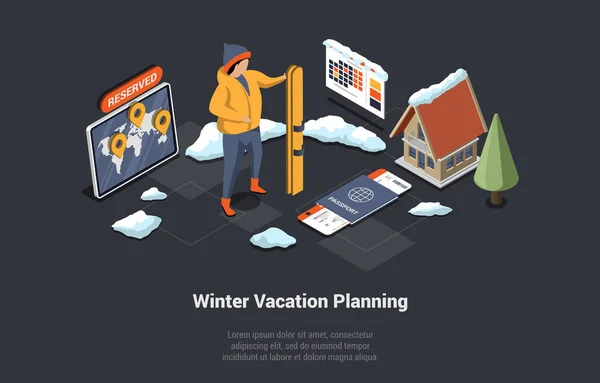 Vacances Hiver Vacances Noël Famille Concept Homme Avec Ski Prêt — Image vectorielle