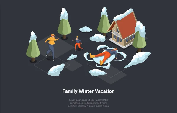 家庭圣诞假期的概念 家庭寒假 人物和雪一起玩 玩雪球 做雪天使 一起玩乐 等距3D矢量图解 — 图库矢量图片