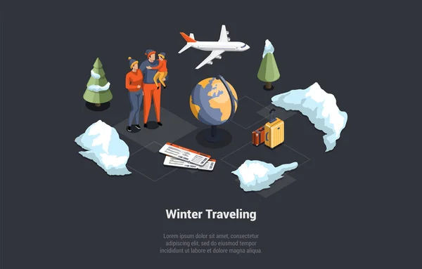 Zimní Cestování Rodinné Vánoční Prázdniny Koncepce Rodinné Plánování Dovolené Witer — Stockový vektor