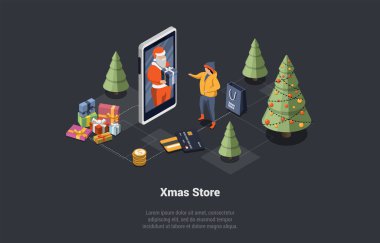 Mutlu Noeller ve Mutlu Yıllar Kutlama Konsepti. Mutlu Noel Baba, Smartphone 'da bir çocuğa sanal hediye veriyor. Çevrimiçi Xmas Oyuncak Dükkanı. Isometric 3d Vektör İllüstrasyonu.