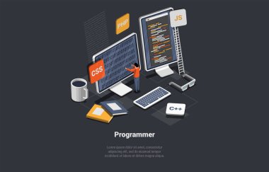 Bilişim sektörü ve serbest çalışma kavramı. Erkek Karakter Geliştirici Kodlama Yeni Başlangıç, Proje veya Uygulama. Programcı Programlama Yumuşak ve Yaz Senaryosu. Isometric 3d Çizgi film Vektörü İllüstrasyonu.