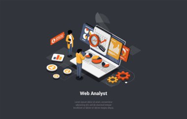 Test, veri analizi, hata ayıklama ve analist kavramı. Web Analisti Erkek ve Kadın Pazarlamacılar Çizelgeyi, Diyagramı, Analitik İş ve Raporlama Verilerini Analiz Ediyor. Isometric 3d Çizgi film Vektörü İllüstrasyonu.