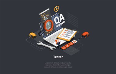 Software Testing Concept. Software Tester Testing Programs, Debugging And Make Functional Test. Software Quality Assurance Engineering Make Tests Of Applications. Isometric 3d Vector Illustration. clipart