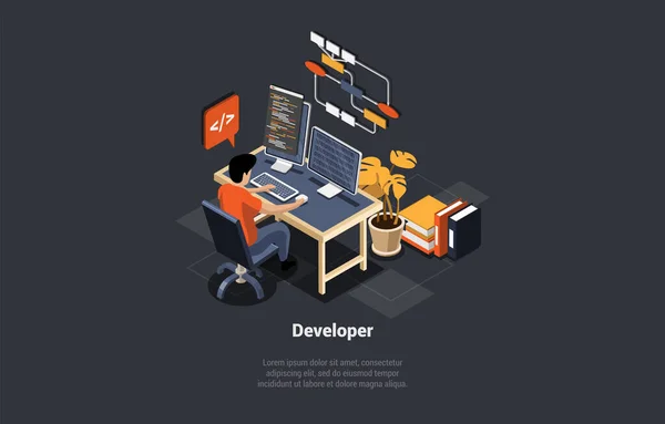 Software Development Coding Process Concept Programer Web Developer Coding Computer — Stock Vector