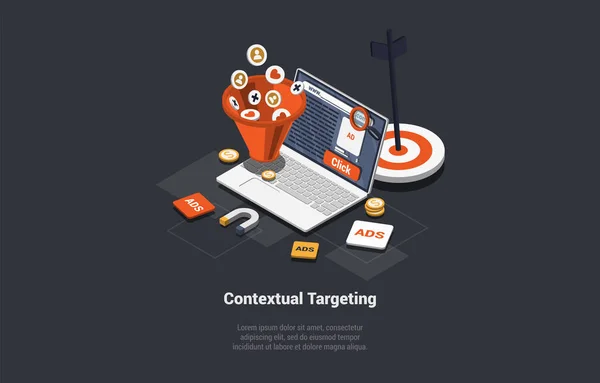 Contextual Targeting Online Advertising Concept Marknadsföringskampanj Med Bärbar Dator Tratt — Stock vektor