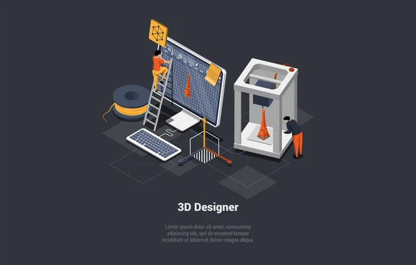 3D设计和自由职业的概念 3D图形设计师创作团队在计算机上对项目进行模拟 3D学习课程 网页设计学院 等距3D卡通矢量图解 — 图库矢量图片