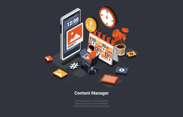 Social Media Marketing Layout Content Promozione Online Man Content Manager — Vettoriale Stock
