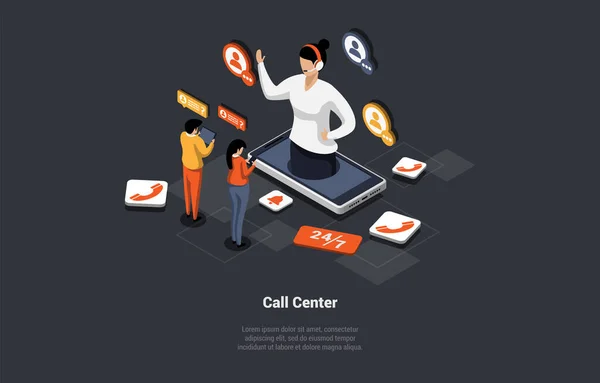 コールセンターの概念 技術サポート24 ホットラインオペレーターのアドバイスお客様 問題を解決するために顧客を助けるヘッドフォンの仮想オンラインコンサルタント アイソメトリック3D漫画ベクトルイラスト — ストックベクタ
