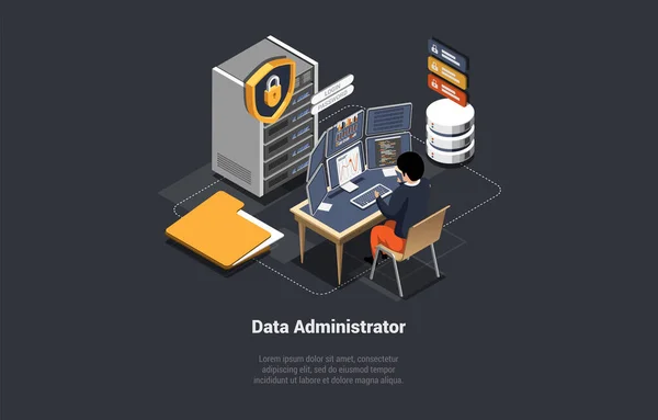 Big Data Administrator Konzept Serverraum Mit Hardware Racks Oder Webhosting — Stockvektor