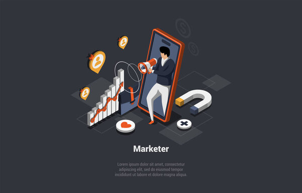 Concept Of New Startup Or Project. Professional Marketer Man With Loudspeaker Promotes New Project. Advertising of Business in The Internet Through Social Networks. Isometric 3d Vector Illustration.
