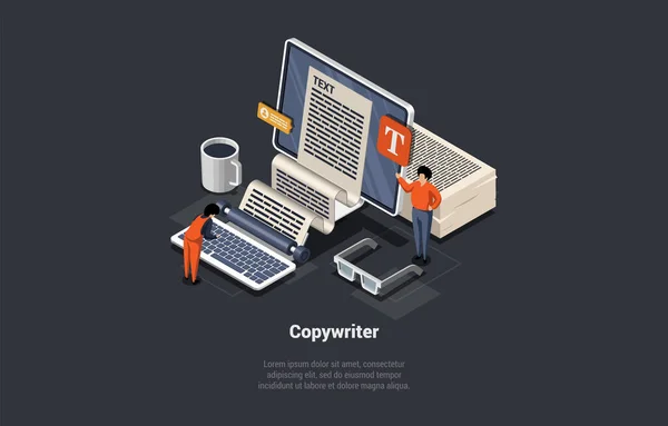 Concept Copywriter Job Writer Writing Computer Paper Sheet Person Editor — Stock Vector