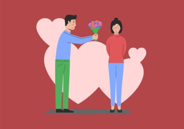 Aşk hikayesi, Guy bir kıza bir buket çiçek verir, evlenme teklif eder. Romantik İlişkiler. Sevgililer Günü 'nde erkek ve kadının açık havada randevusu, romantizmi. Çizgi film Düz Stili. Vektör İllüstrasyonu.