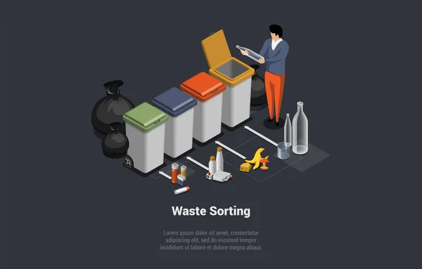 零废弃物 回收垃圾工艺概念 分拣垃圾 收集生物 电子废物 玻璃垃圾等 等距3D矢量说明 — 图库矢量图片