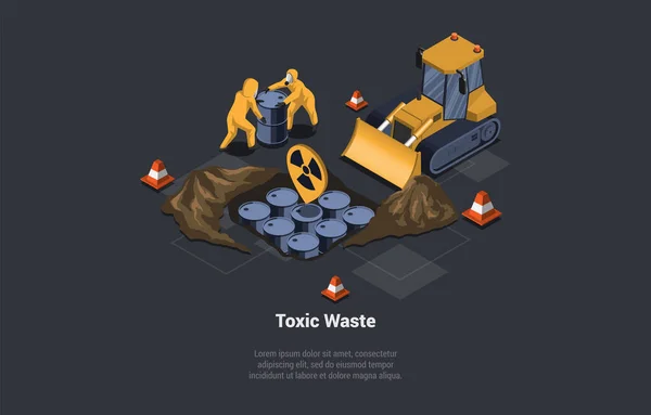 Gebruik Van Afvalstoffen Recycling Garbage Mensen Begraven Vaten Radioactief Afval — Stockvector