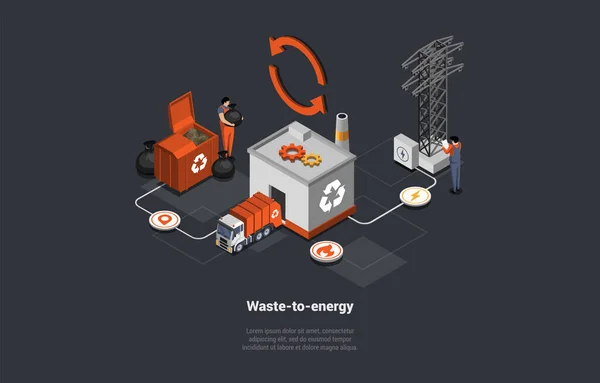 쓰레기 재활용 쓰레기 배우등 사람들은 재활용 공장에서 에너지 흡수한다 Vector — 스톡 벡터