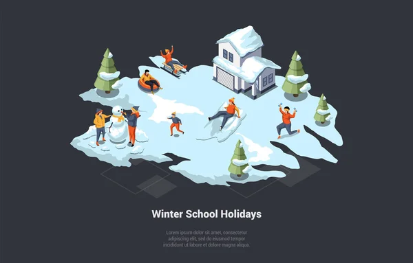 Konzept Winterurlaub Familienweihnachtsurlaub Studenten Jungen Und Mädchen Spielen Freien Charaktere — Stockvektor